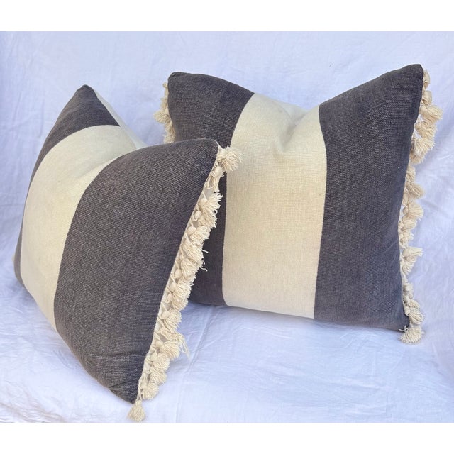 Textile Grey and Ivory Fringed Pillow Covers With Inserts-a Pair For Sale - Image 7 of 7