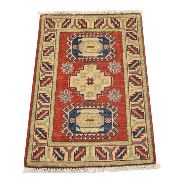 Kazak Rug 2’1” X 3′ Red Wool Tribal Hand-Knotted Oriental Carpet For Sale
