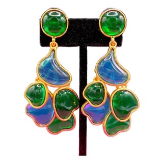 1980s Gripoix Blue and Green Abstract Dangle Earrings For Sale