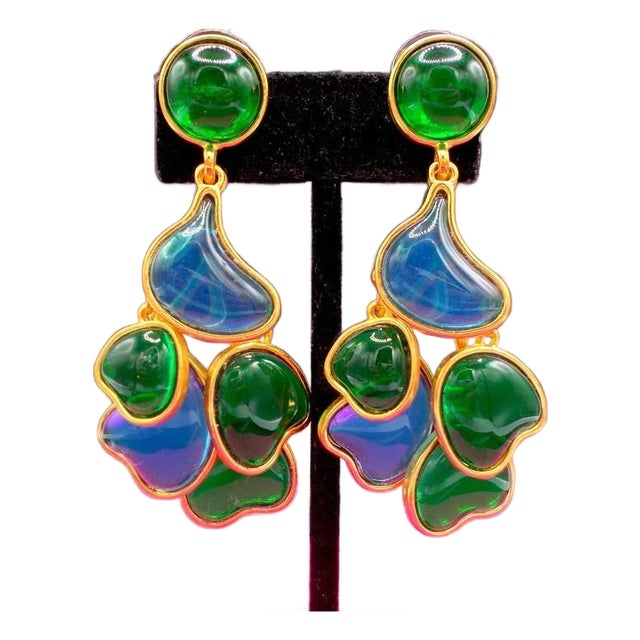 1980s Gripoix Blue and Green Abstract Dangle Earrings For Sale