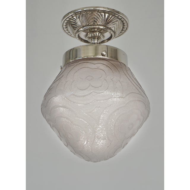 Noverdy A wonderful French 1930 art deco ceiling light in nickel plated bronze or solid brass holding a very rare shade in...