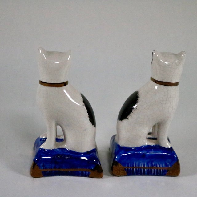 Pair of Vintage English Staffordshire Style Black & White Cat Figurines on Blue Pillows For Sale In Cincinnati - Image 6 of 11