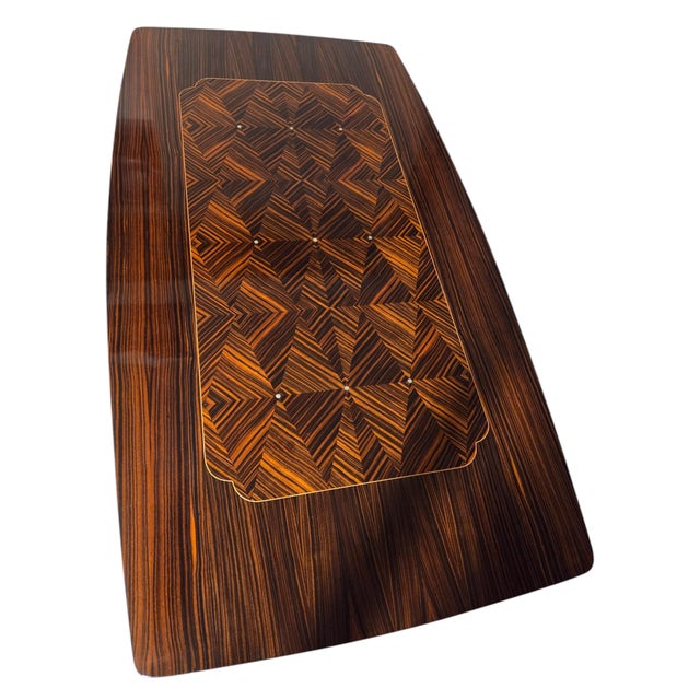 French Mid Century Macassar Ebony Parquetry Inlaid Expandable Dining Room Table W/ Leaves For Sale - Image 4 of 18