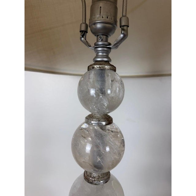 Pair of Hollywood Regency Rock Crystal Stacked Orb Table Lamps - Silver Leaf For Sale - Image 16 of 17