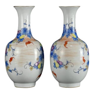 Pair of Vintage Famille Rose Porcelain Vases With Gourd and Bat Motif For Sale