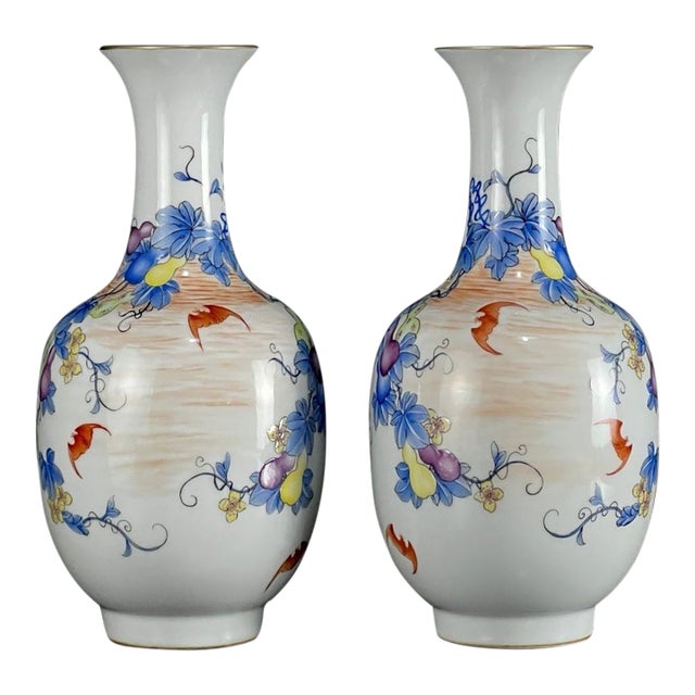 Pair of Vintage Famille Rose Porcelain Vases With Gourd and Bat Motif For Sale