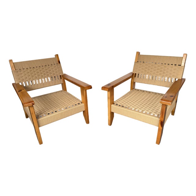 Mid-Century Modern Pair of Wood and Rope Armchairs, Italy, 1970s For Sale