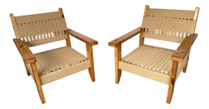 Mid-Century Modern Pair of Wood and Rope Armchairs, Italy, 1970s