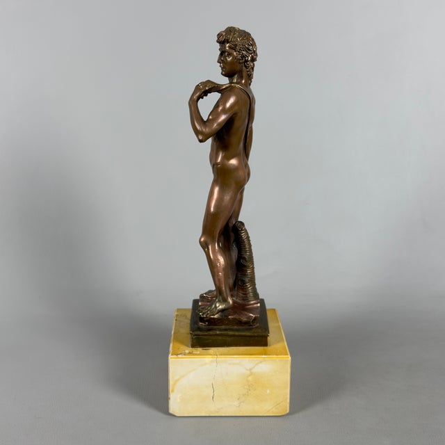 Sculpture of David in Bronzed Metal on Marble Base after Michelangelo, 20th Century For Sale - Image 4 of 13
