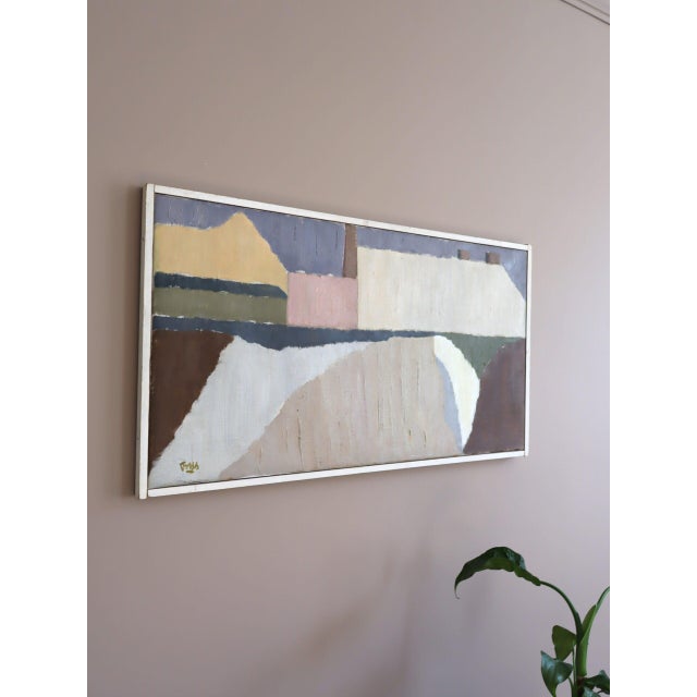 Mid 20th Century Mid-Century Modern 'Pastel Settlement' Swedish Abstract Landscape Oil Painting, Framed For Sale - Image 5 of 11
