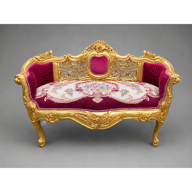 Late 20c French Louis XVI Red Velvet Gilt Beech Settee For Sale - Image 9 of 13