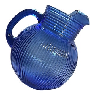 1930s Cobalt Blue Glass Tilted Pitcher For Sale