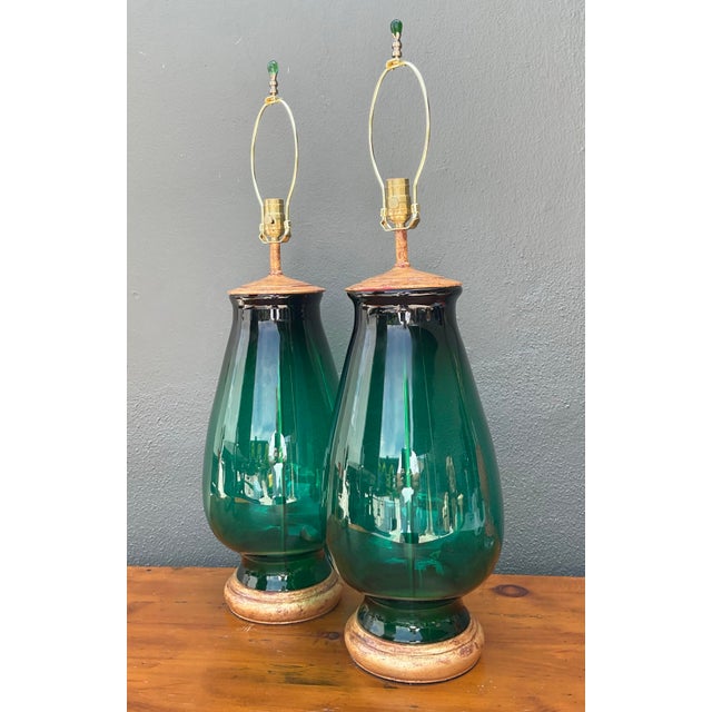 Late 20th Century Vintage Emerald Glass Table Lamps - Set of 2 For Sale - Image 5 of 14