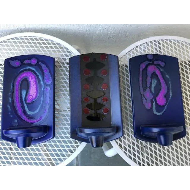 1960s Knabstrup Danish Modern Pottery Candle Wall Sconces in Blue and Purple - Set of 3 For Sale - Image 11 of 11