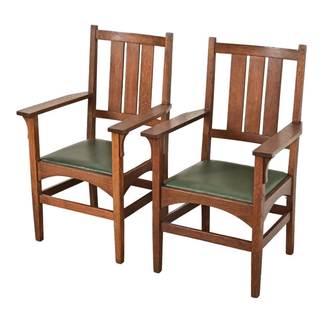 Gustav Stickley Harvey Ellis Antique Mission Oak Arts & Crafts Armchairs, Pair For Sale