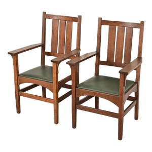 Gustav Stickley Harvey Ellis Antique Mission Oak Arts & Crafts Armchairs, Pair