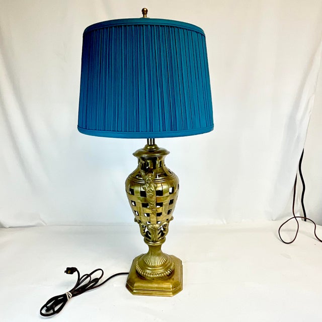 Vintage Art Deco Hollywood Regency Chippendale Winged Nike Greek Goddess Brass Table Lamp, New Pleated Shade For Sale - Image 12 of 14
