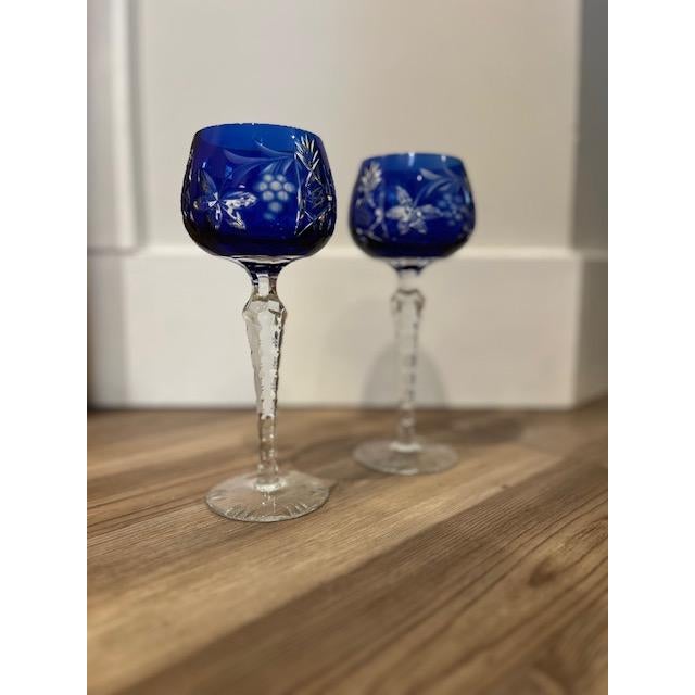 Glass Pair of Bohemian Traube Nachtmann Cobalt Blue Cut Crystal Wine Glasses For Sale - Image 7 of 10