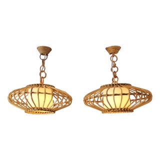 Flying Saucer Bamboo Pendant Light from Louis Sognot, 1950, Set of 2 For Sale