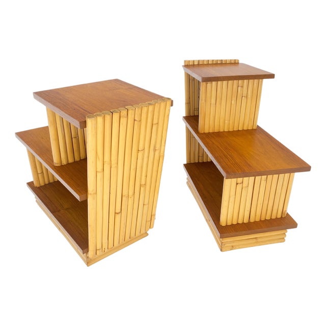 Pair of Restored 1950s Solid Mahogany & Bamboo Reed Step End Side Tables Stands For Sale