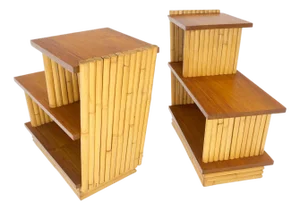 Pair of Restored 1950s Solid Mahogany & Bamboo Reed Step End Side Tables Stands