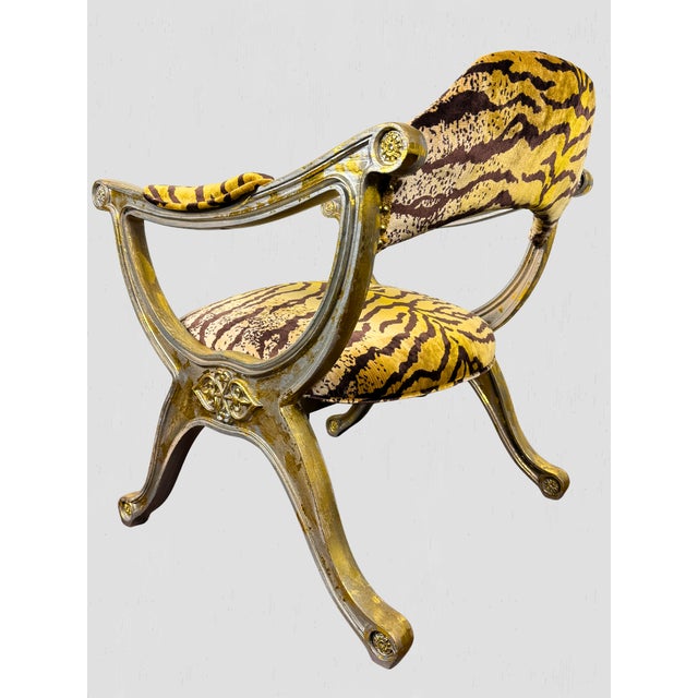 Orange Vintage Curule Style Chair Pair Newly Upholstered Silk Tiger Velvet For Sale - Image 8 of 15