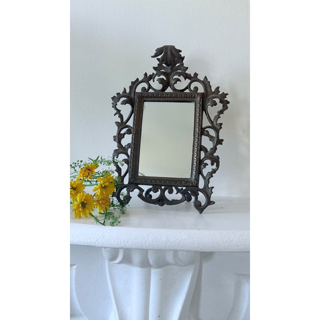 Antique Rococo Revival Bronzed Metal Easel-Back Tabletop Mirror For Sale - Image 13 of 14