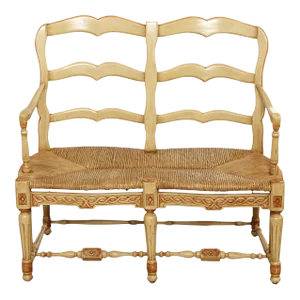 Rustic French Country Style Paint Frame Rush Seat Settee