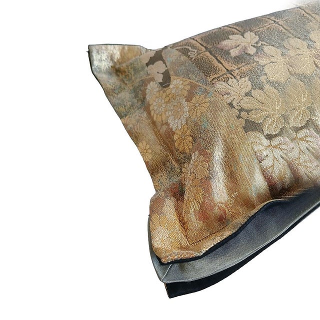 Textile Japanese Silk Bolster Pillow, Gold Brocade, 1920s Obi For Sale - Image 7 of 15