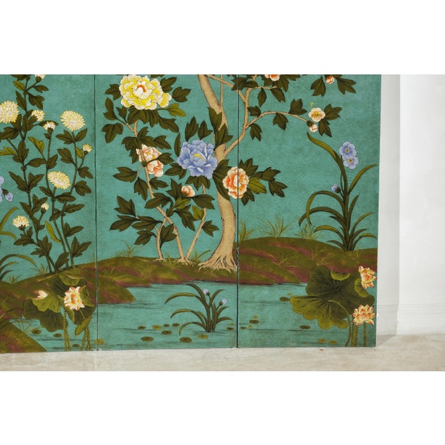 Vintage Chinese Four-Panel Screen with Hand-Painted Blossoms on Teal Ground For Sale - Image 12 of 12