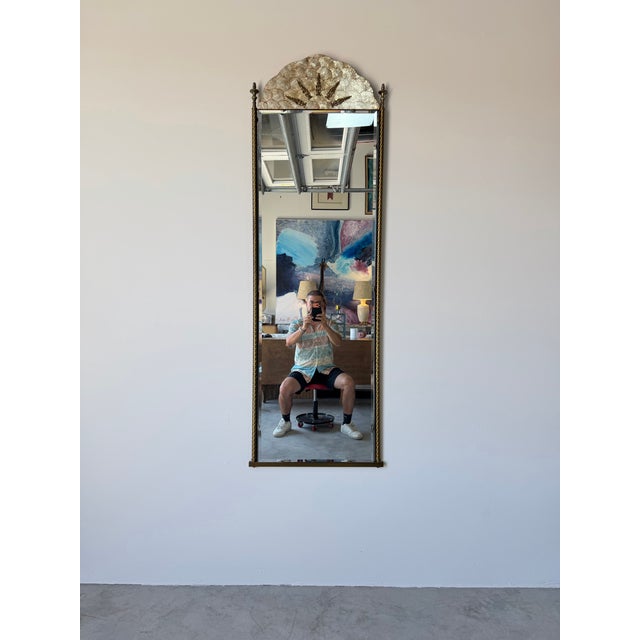 Italian Hollywood Regency Brass & Shell Top Wall Mirror With Beveled Glass For Sale - Image 10 of 11