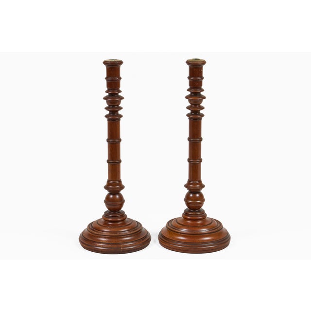 1970s Antique Pair Mahogany Tall Turned Candlesticks For Sale - Image 5 of 7