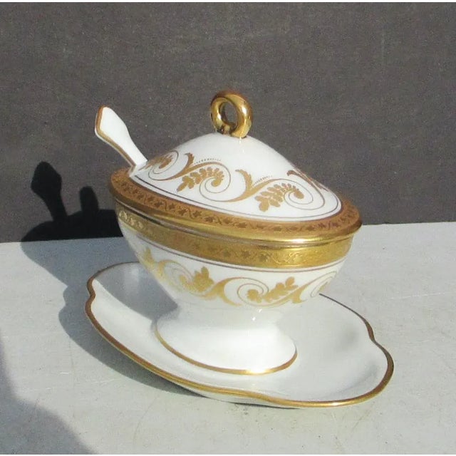 Richard Ginori Italy Rare TORINO Gold Encrusted mustard pot bowl with associated spoon and lid. Bowl and saucer are one-...
