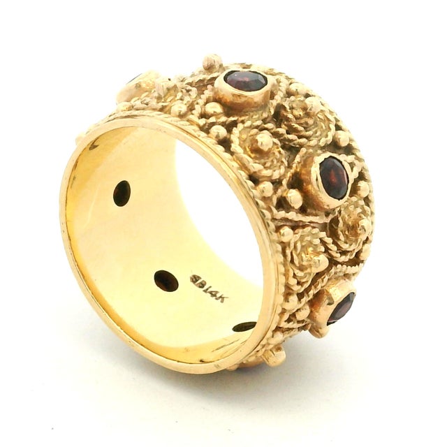 Metal Vintage 1970s Etruscan Revival 14k Gold Ruby Wide Band Ring, Size 7.5 For Sale - Image 7 of 10