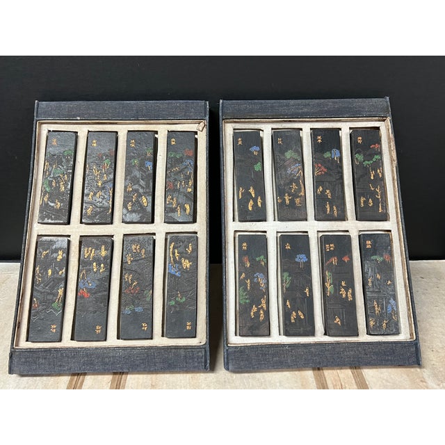 Set of Sixteen Chinese Art Calligraphy Black Ink Sticks With Landscape and Poem Decoration For Sale - Image 4 of 14
