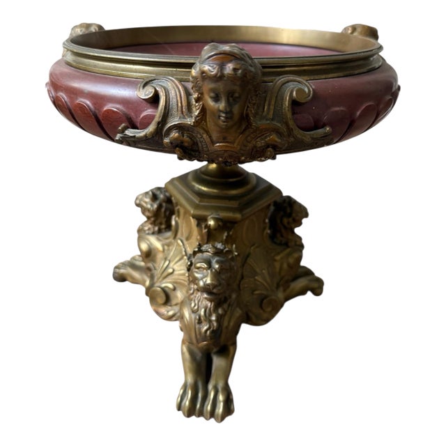 Heavy Bronze Antique Carved Red Marble Neoclassical Design Featuring Lions Heads For Sale