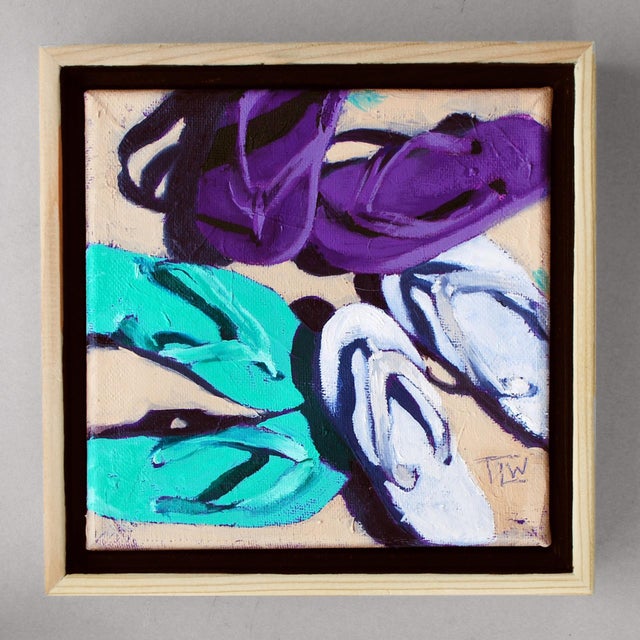 This artwork features a vibrant arrangement of flip flops in shades of purple, turquoise, and white, set against a warm,...