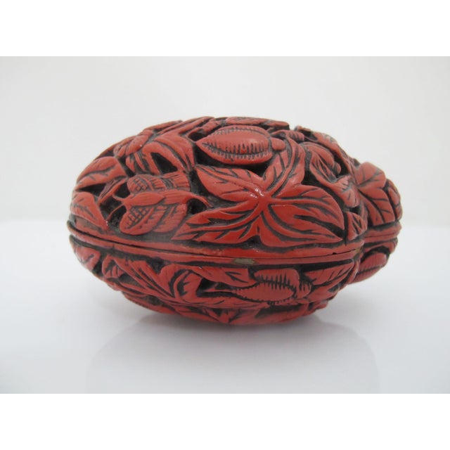 Chinese Chinese Carved Cinnabar Lacquer Fruit Shaped Butterfly & Flower Trinket Box For Sale - Image 3 of 9