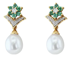 Emerald Flower Shaped & Pearl Dangling Drop Earrings, 2 Pieces