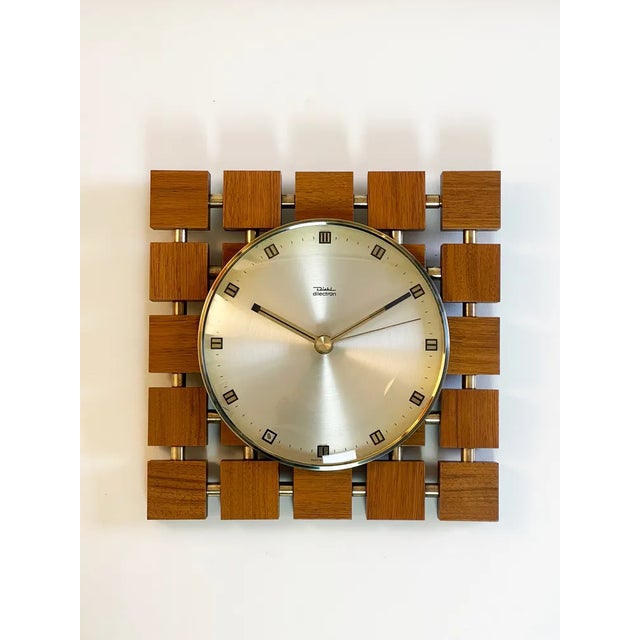 Brown Mid-Century Square Teak and Golden Clock from Diehl, Germany, 1970s For Sale - Image 8 of 8