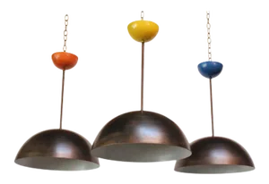 Set of Three Modernist Blackened Steel Three Fixture Dome Pendant Lights