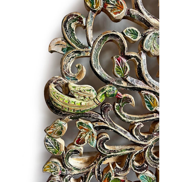 Mid 20th Century Vintage Good Luck Wood Carved Peacock Tree For Sale - Image 5 of 10