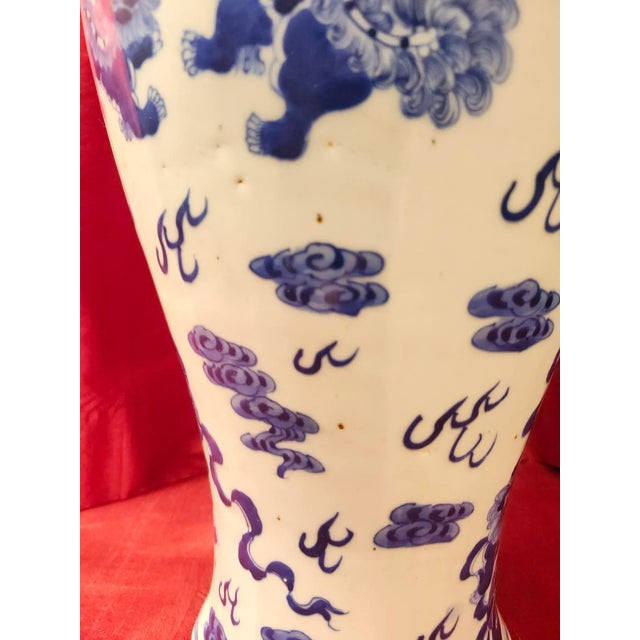 Final Clearance 19th Century 24" Shishi Qilin Blue and White Temple Urn Tribute - 24" For Sale - Image 16 of 18