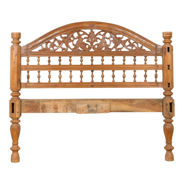 Vintage Carved Indonesian Headboard with Scrolling Foliage and Petite Balusters For Sale