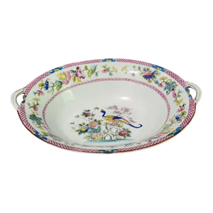Vintage English Chinoiserie Hand Painted Peacock Floral Oval Serving Dish