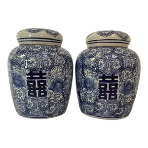1980s Vintage Chinoiserie Happiness Temple Ginger Jars - A Pair