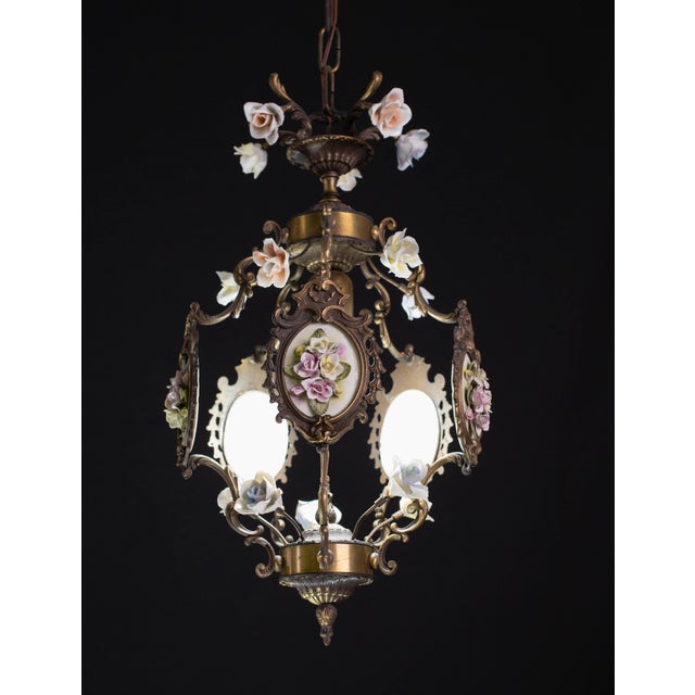 Art Nouveau Vintage Art Nouveau Style Italian Ceramic Flower Chandelier, 1970 For Sale - Image 3 of 10