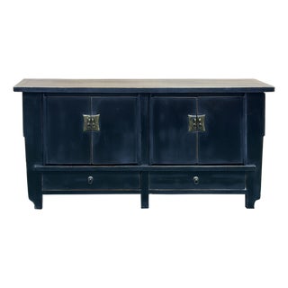 Vintage Distressed Black Hardware Credenza Console Sideboard Cabinet For Sale