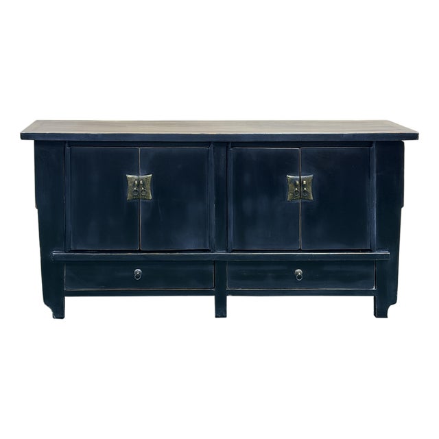 Vintage Distressed Black Hardware Credenza Console Sideboard Cabinet For Sale