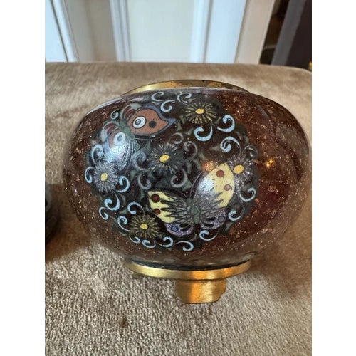 Antique Late Meiji Period Japanese Cloisonne Enamel and Brass Censor or Koro For Sale - Image 4 of 11